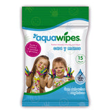 Aquawipes Hands & Face Antibacterial 15 piezas 20 X 18 cm 45 gsm, limpia restos de comida, plumones y todo tipo de manchas sin irritación, equilibra PH y desinfecta